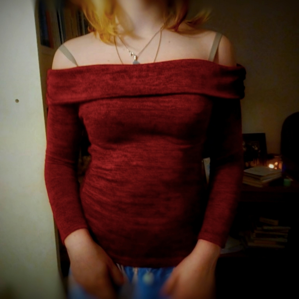 Off the Shoulder Ruby Red Sweater IZ Byer